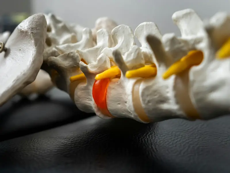 Close-up of a model of the lower spine with one disc highlighted in red